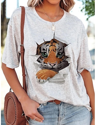 cheap Women&#039;s Tops-Women&#039;s T shirt Tiger Round Neck Print Basic Tops Loose White / 3D Print