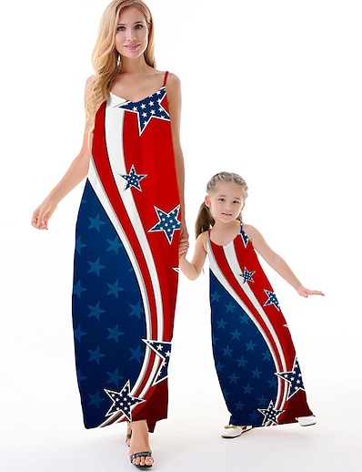 ieftine Family Matching Outfits-Mama și cu mine Rochii Casual Steag Fără Spate Albastru piscină Maxi Fără manșon Tipărire 3D Rochie cu Bretele Activ Tinute potrivite / Primăvară / Vară / Vacanță / Imprimeu