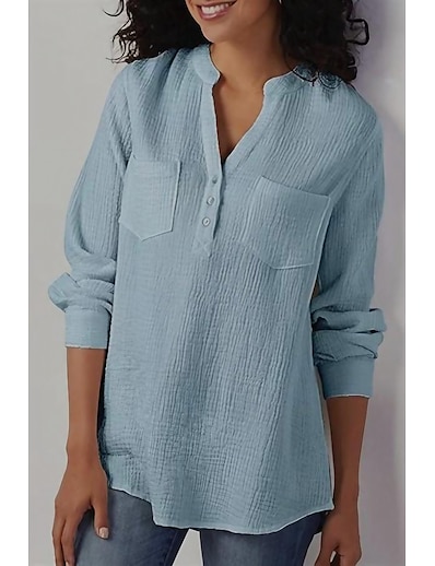 abordables Vêtements Femme-couleur unie col en v poche coton lin lâche grande taille chemise femmes