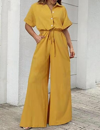 cheap Jumpsuits &amp; Rompers-Women&#039;s Jumpsuit Solid Color Drawstring Casual Shirt Collar Wide Leg Casual Short Sleeve Regular Fit White Black Yellow S M L Spring