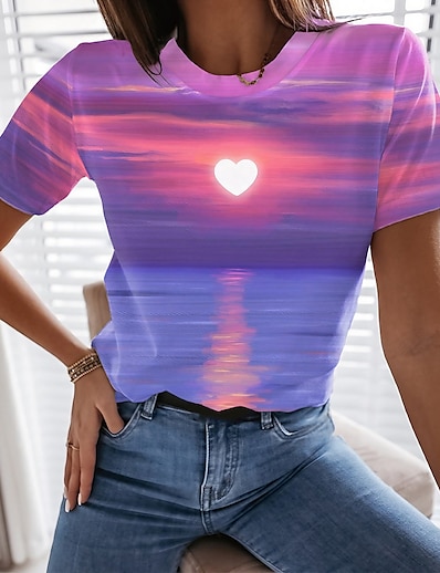 billige Overdele til damer-Dame T-shirt 3D Maleri Hjerte 3D Rund hals Trykt mønster Basale Toppe Lyserød / 3D-udskrivning
