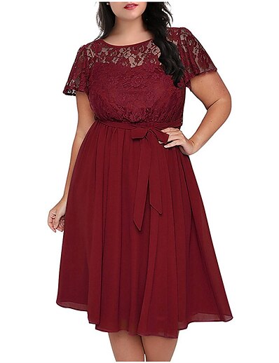 cheap Plus size-Women&#039;s Plus Size Solid Color A Line Dress Lace Round Neck Short Sleeve Casual Prom Dress Spring Summer Causal Daily Short Mini Dress Dress / Party Dress