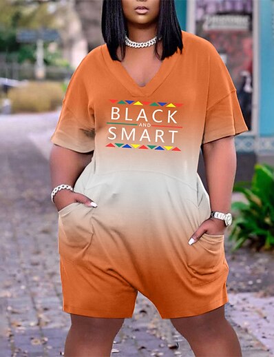 cheap Jumpsuits &amp; Rompers-Women&#039;s Romper Letter Pocket Print Casual Daily V Neck Street Casual Short Sleeve Regular Fit Black Orange Red S M L Fall