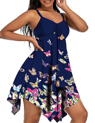 cheap Plus size-Women&#039;s Swimwear Tankini 2 Piece Plus Size Swimsuit Butterfly Animal Open Back Printing for Big Busts Navy Blue Strap Camisole Bathing Suits Vacation Fashion New / Modern / Padded Bras