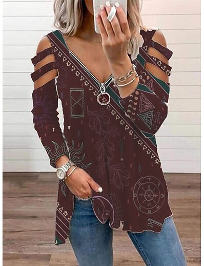 cheap Women&#039;s Tops-Women&#039;s Daily Weekend Blouse Shirt Long Sleeve Graphic Patterned V Neck Cut Out Quarter Zip Print Casual Streetwear Tops Wine S
