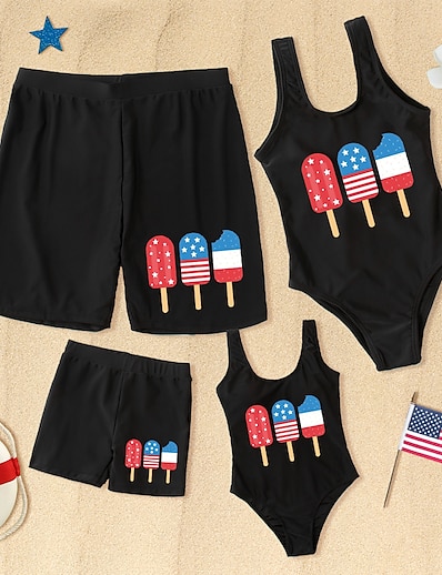 cheap Family Matching Outfits-Family Look American National Day Swimsuit Star Flag Causal Print Black Sleeveless Casual Matching Outfits