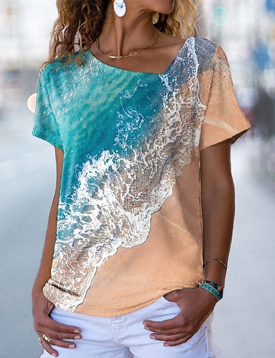 abordables Camisas y Camisetas para Mujer-Mujer Camiseta Pintura Oceano Escote en Pico Estampado Básico Tops Verde Trébol / Impresión 3D