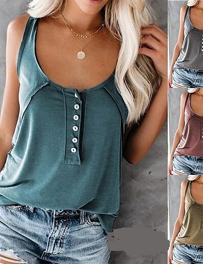 cheap Women&#039;s Clothing-new button sleeveless vest solid color casual shirt
