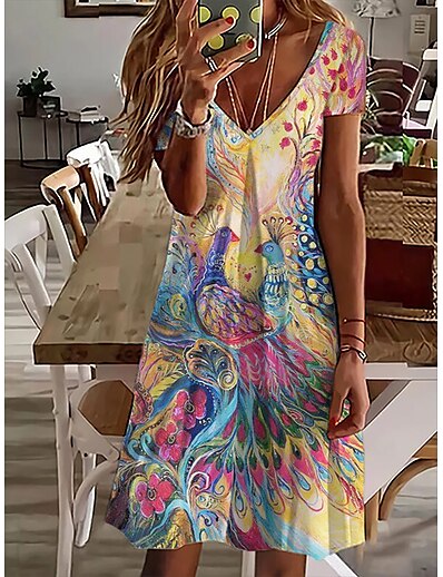 cheap Dresses-Women&#039;s Knee Length Dress A Line Dress Rainbow Short Sleeve Print Floral Animal V Neck Spring Summer Basic 2022 S M L XL XXL 3XL / 3D Print