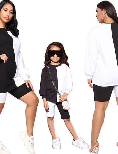cheap Family Matching Outfits-Mommy and Me Family Sets Bottom Sweatshirt Daily Color Block Patchwork Black Long Sleeve Adorable Matching Outfits / Spring / Summer / Cute