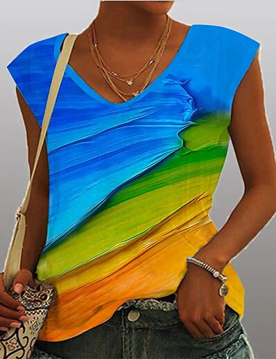 cheap Women&#039;s Tops-Women&#039;s Tank Top Camis Color Gradient V Neck Patchwork Print Basic Beach Tops Rainbow / 3D Print