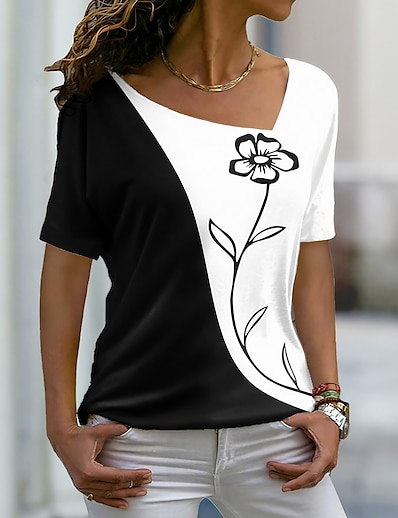 hesapli Kadın Üstleri-Kadın&#039;s T gömlek Çiçek Teması Resim Çiçekli Zıt Renkli V Yaka Desen Temel Üstler Yonca Siyah YAKUT / 3D Baskı