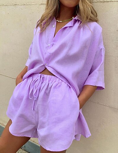 cheap Two Piece Set-9686# europe and the united states 2021 foreign trade women&#039;s solid color single-breasted short-sleeved shirt shorts loose fashion casual suit