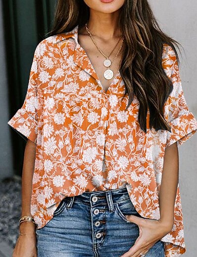 cheap Women&#039;s Tops-Women&#039;s Blouse Shirt Floral Theme Floral Polka Dot Leaf Shirt Collar Print Casual Streetwear Tops Green Light Brown Orange / 3D Print