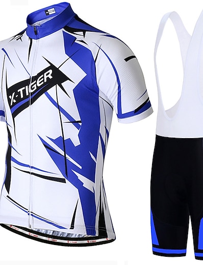 cheap Cycling-Men&#039;s Cycling Jersey with Bib Shorts Short Sleeve Mountain Bike MTB Road Bike Cycling Blue White Stripes Bike Spandex Polyester Clothing Suit 3D Pad Breathable Quick Dry Reflective Strips Sports