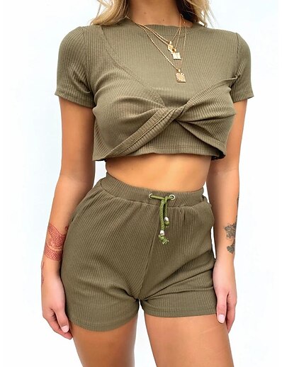 cheap Two Piece Set-european and american independent station explosive style tethered round neck short sleeve t-shirt top shorts pit strip suit 2506