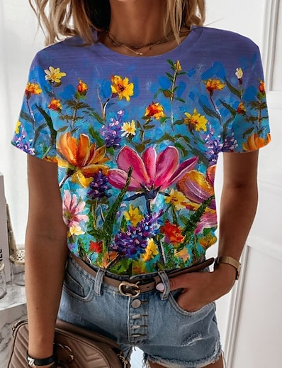 cheap Women&#039;s Tops-Women&#039;s Casual Holiday Weekend T shirt Tee Floral Painting Short Sleeve Floral Round Neck Print Basic Tops Blue S / 3D Print