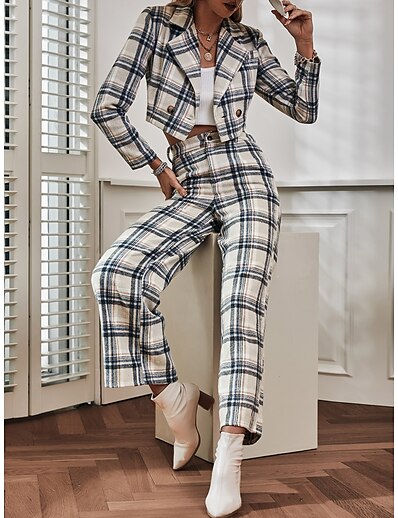 cheap Two Piece Set-Women&#039;s Streetwear Plaid Daily Wear Office Two Piece Set Shirt Collar Shorts Crop Top Blazer Office Suit Tops