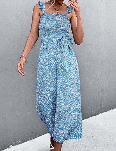cheap Jumpsuits &amp; Rompers-Women&#039;s Jumpsuit Floral Backless Lace up Casual Square Neck Straight Casual Daily Sleeveless Regular Fit Blue Black S M L Spring / Print / Strap