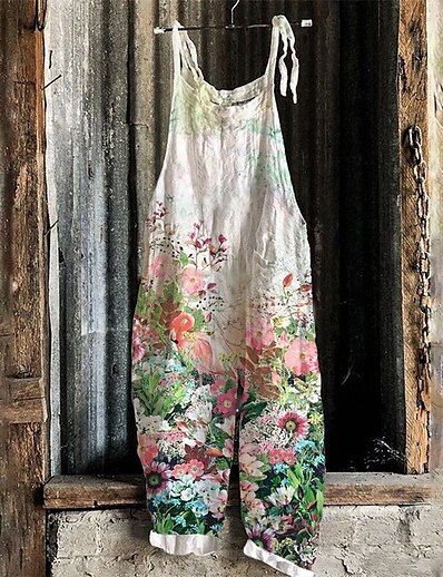 cheap Jumpsuits &amp; Rompers-Women&#039;s Jumpsuit Floral Print Casual Crew Neck Wide Leg Daily Traveling Sleeveless Regular Fit Green White Purple S M L Spring
