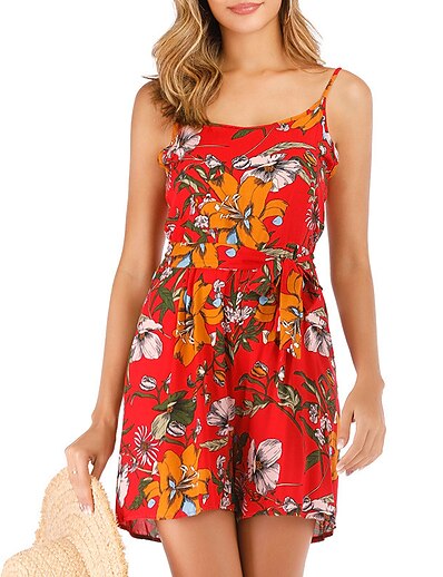 cheap Jumpsuits &amp; Rompers-Women&#039;s Romper Floral Backless Print Casual Strap Street Casual Sleeveless Regular Fit Khaki Red Navy Blue S M L Spring