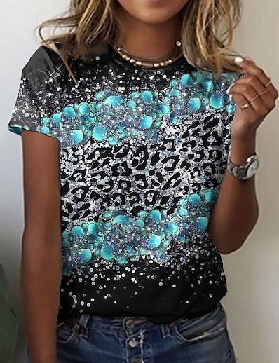 cheap Women&#039;s Tops-Women&#039;s T shirt Floral Theme Butterfly Painting Floral Leopard Round Neck Print Basic Tops Green Blue Purple / 3D Print