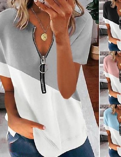 cheap Women&#039;s Clothing-Women&#039;s clothing summer new   explosion models contrast printing v-neck zipper short-sleeved shirt t-shirt women