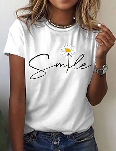 cheap Women&#039;s Tops-Women&#039;s Casual Weekend T shirt Tee Floral Painting Short Sleeve Daisy Round Neck Print Basic Tops White Black Gray S