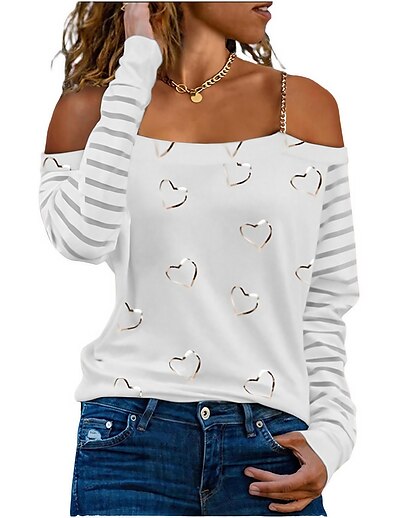 cheap Women&#039;s Tops-Women&#039;s T shirt Striped Heart Off Shoulder Print Basic Tops White Black Gray