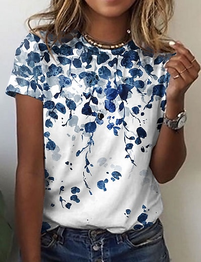 abordables Camisas y Camisetas para Mujer-Mujer Camiseta Tema Floral Pintura Floral Escote Redondo Estampado Básico Tops Verde Trébol Azul Piscina Gris / Impresión 3D