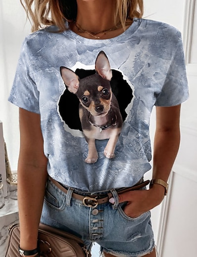 cheap Women&#039;s Tops-Women&#039;s T shirt 3D Printed Painting Dog 3D Round Neck Print Basic Tops Green Blue Purple