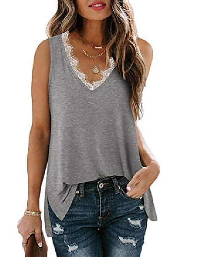 cheap Women&#039;s Tops-Womens Tank Tops Loose Fit Lace Basic V-Neck Summer Clothes Grey M