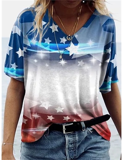 ราคาถูก เสื้อผู้หญิง-สำหรับผู้หญิง เเสื้อยืด ธงชาติ คอวี ลายพิมพ์ พื้นฐาน ท็อปส์ สายรุ้ง / พิมพ์ 3 มิติ