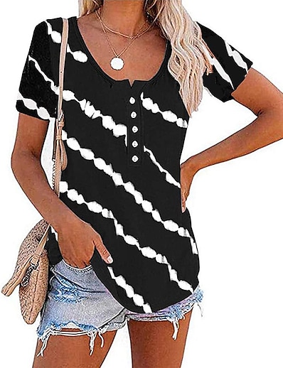cheap Women&#039;s Clothing-summer new women&#039;s   fashion trend round neck casual diagonal stripe button short-sleeved t-shirt