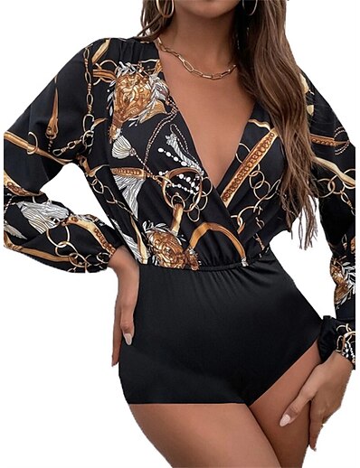 cheap Jumpsuits &amp; Rompers-Women&#039;s Romper Print Lace up Print Casual Daily V Neck Street Casual Long Sleeve Regular Fit Black S M L Fall