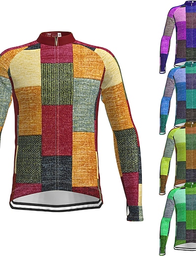 cheap Cycling-21Grams® Men&#039;s Cycling Jersey Long Sleeve Plaid Checkered Graphic Color Block Bike Mountain Bike MTB Road Bike Cycling Jersey Top Green Purple Yellow Breathable Quick Dry Moisture Wicking Spandex
