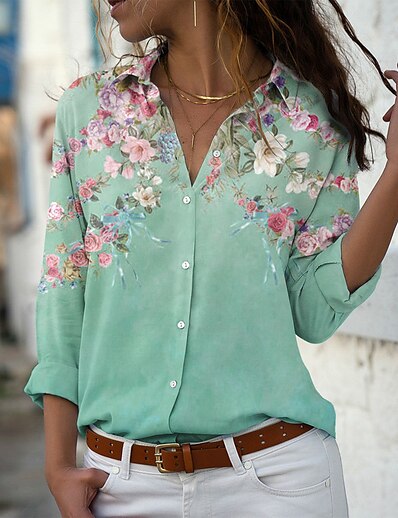 cheap Women&#039;s Tops-Women&#039;s Blouse Shirt Floral Theme Floral Shirt Collar Button Print Casual Streetwear Tops Green Blue Pink / 3D Print
