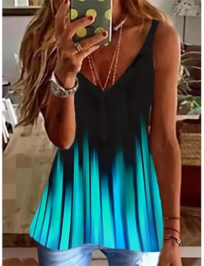 cheap Women&#039;s Tops-Women&#039;s Camisole Tank Top Camis Color Gradient V Neck Patchwork Print Basic Casual Beach Tops Blue / 3D Print
