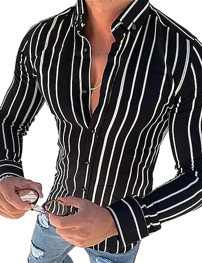 hesapli Erkek-Erkek Gömlek Çiçekli Çizgili Çita Desenli Yaka Aşağı Dönük Günlük Tatil Uzun Kollu Aşağı düğmesi Üstler Pamuklu Günlük Moda Nefes Alabilir Rahat Beyaz Siyah Havuz