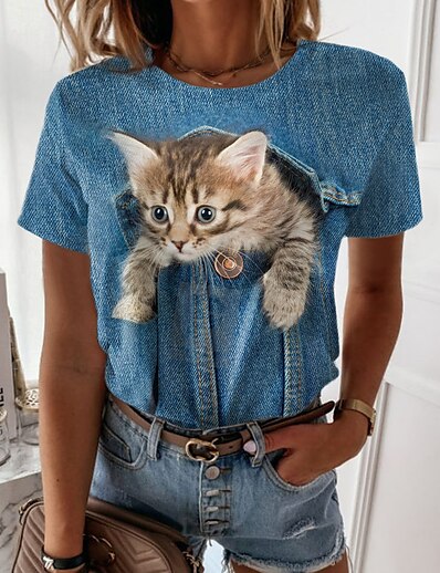cheap Women&#039;s Tops-Women&#039;s T shirt 3D Cat Painting Cat 3D Round Neck Print Basic Tops Blue / 3D Print