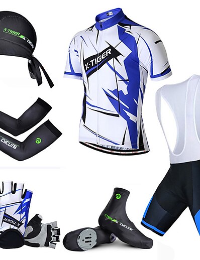 cheap Cycling-Men&#039;s Cycling Jersey with Bib Shorts Short Sleeve Mountain Bike MTB Road Bike Cycling Blue White Stripes Bike Spandex Polyester Clothing Suit 3D Pad Breathable Quick Dry Reflective Strips Sports