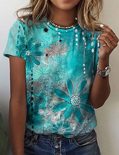 お買い得  レディーストップス-女性用 Tシャツ フローラルテーマ ペインティング フラワー ラウンドネック プリント ベーシック トップの グリーン ブルー パープル / 3Dプリント