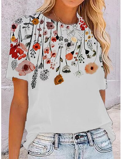 cheap Women&#039;s Tops-Women&#039;s T shirt Flower Round Neck Print Basic Tops Loose White / 3D Print