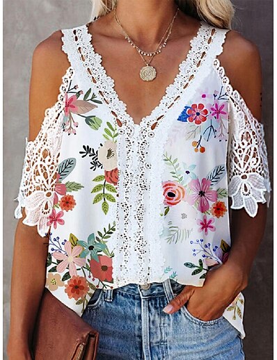 cheap Women&#039;s Tops-Women&#039;s Blouse Floral Flower V Neck Lace Print Tops White / 3D Print