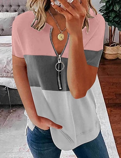 お買い得  レディースファッション-女性用 Tシャツ ジッパー ベーシック ベーシック 多色 夏 レギュラー ホワイトピンク ブルーアプリコットレッド ホワイトグレーブラック ブラックグレーブルー グリーンホワイトグレー