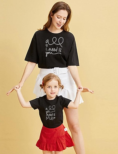 저렴한 Family Matching Outfits-엄마와 나 발렌타인 면 T 셔츠 상의 일상 심장 문자 프린트 블랙 블러슁 핑크 와인 짧은 소매 베이직 일치하는 의상 / 여름 / 캐쥬얼