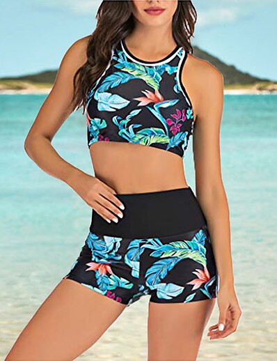 cheap Swimwear-Women&#039;s Swimwear Bikini 2 Piece Swimsuit Flower Open Back Blue Scoop Neck Tank Top Bathing Suits Vacation Fashion New / Sexy / Modern / Padded Bras