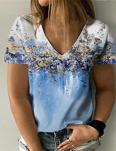 cheap Plus size-Women&#039;s Plus Size Tops T shirt Tee Graphic Color Block Short Sleeve Sequins Print Streetwear Round Neck Cotton Daily Going out Spring Summer Blue Purple