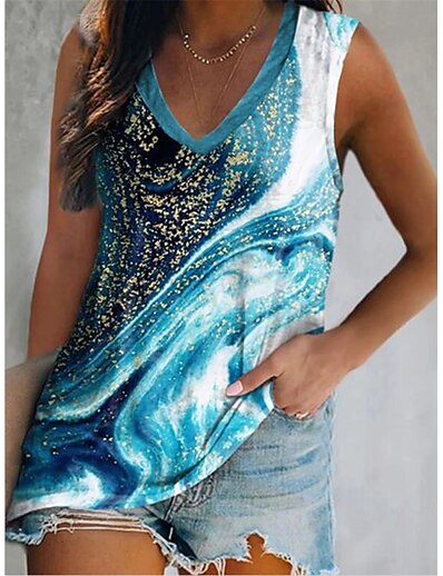 cheap Women&#039;s Tops-Women&#039;s Camis Color Gradient V Neck Patchwork Print Basic Tops Blue / 3D Print