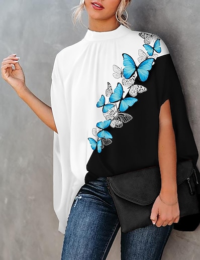 cheap Women&#039;s Tops-Women&#039;s Blouse Geometric Plain Butterfly Letter Standing Collar Patchwork Print Casual Tops Loose Batwing Sleeve Blue Khaki Orange